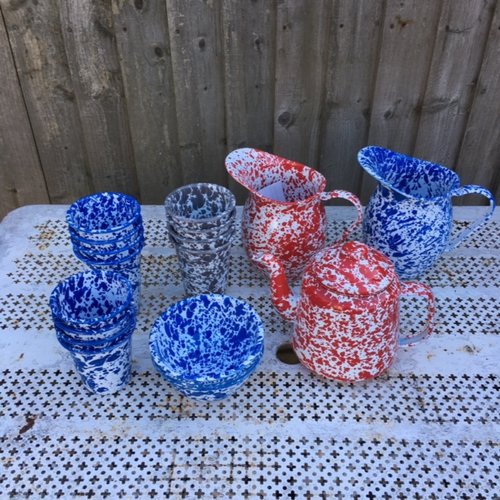 A selection of splattered enamel kitchenware