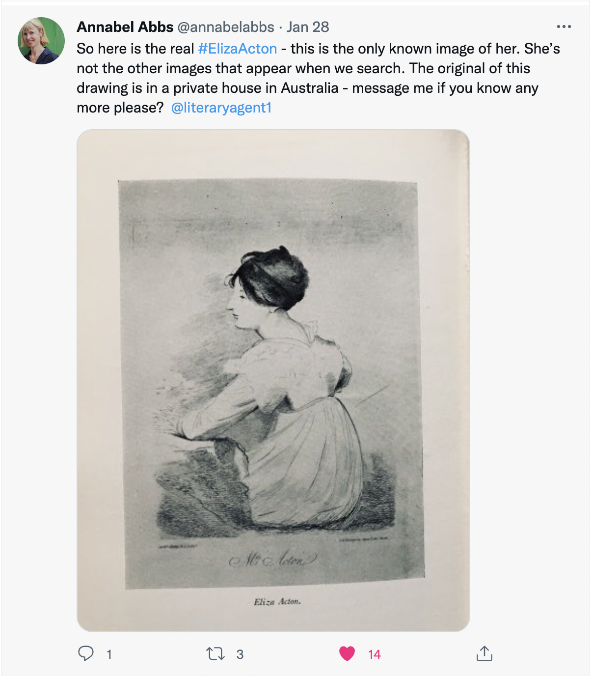 Twitter screengrab from Annabel Abbs: drawing of Eliza Acton