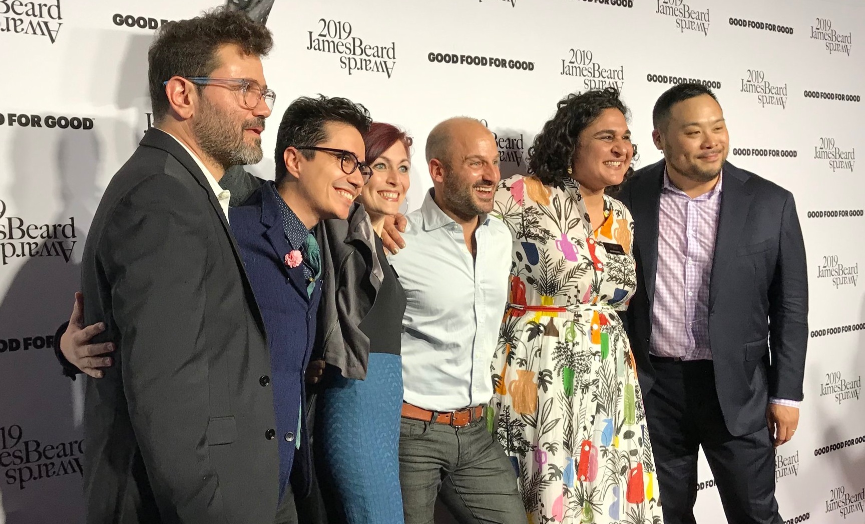 The producers of The Migrant Kitchen with Samin Nosrat of Salt Fat Acid Heat and David Chang of Ugly Delicious, nominees in the category of “Best Television Program, on Location”
