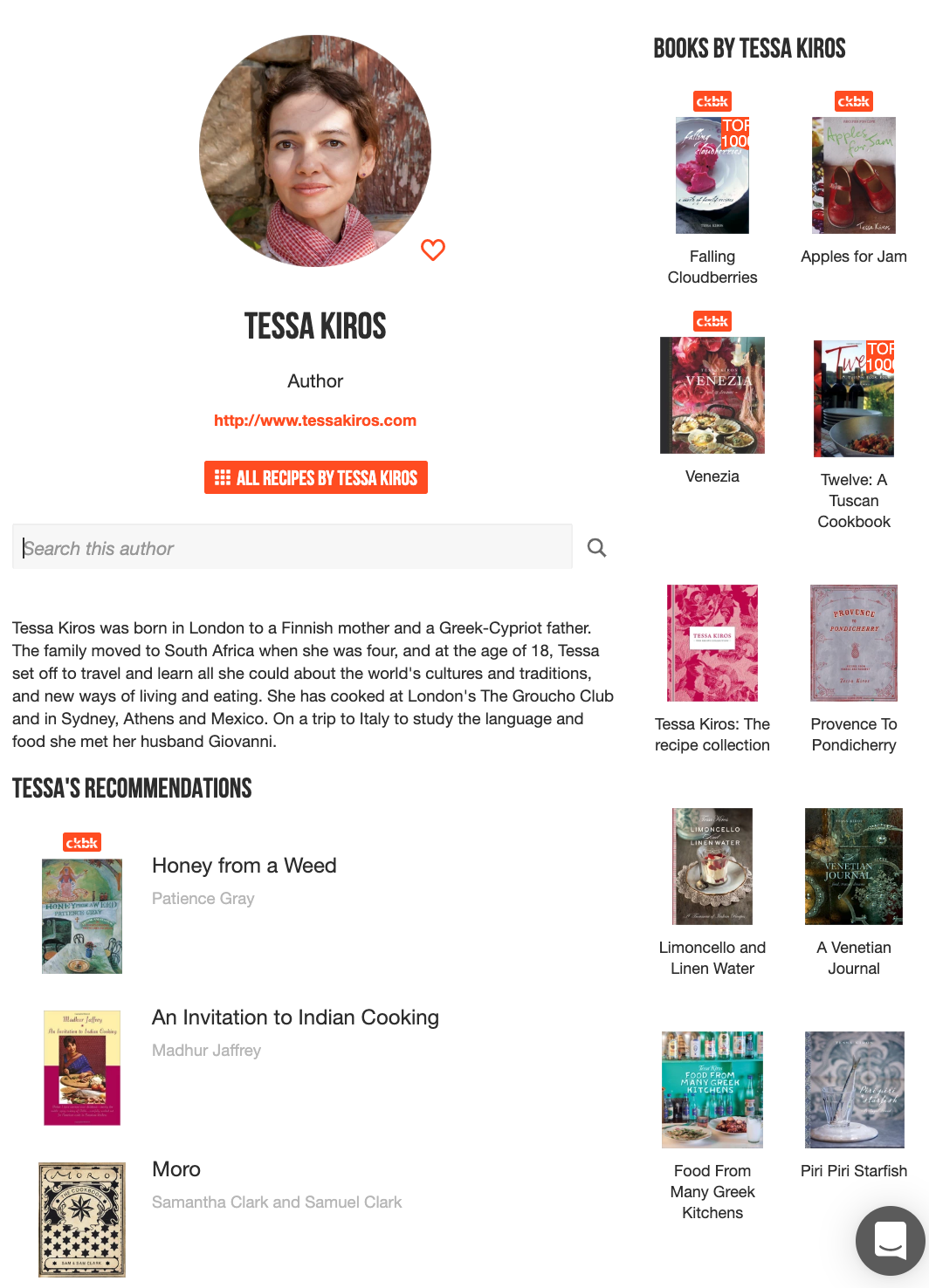 Tessa Kiros’ author page with titles she’s authored and books she recommends