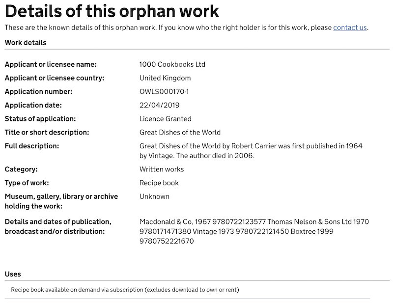The Orphan Works Register entry for Great Dishes of the World