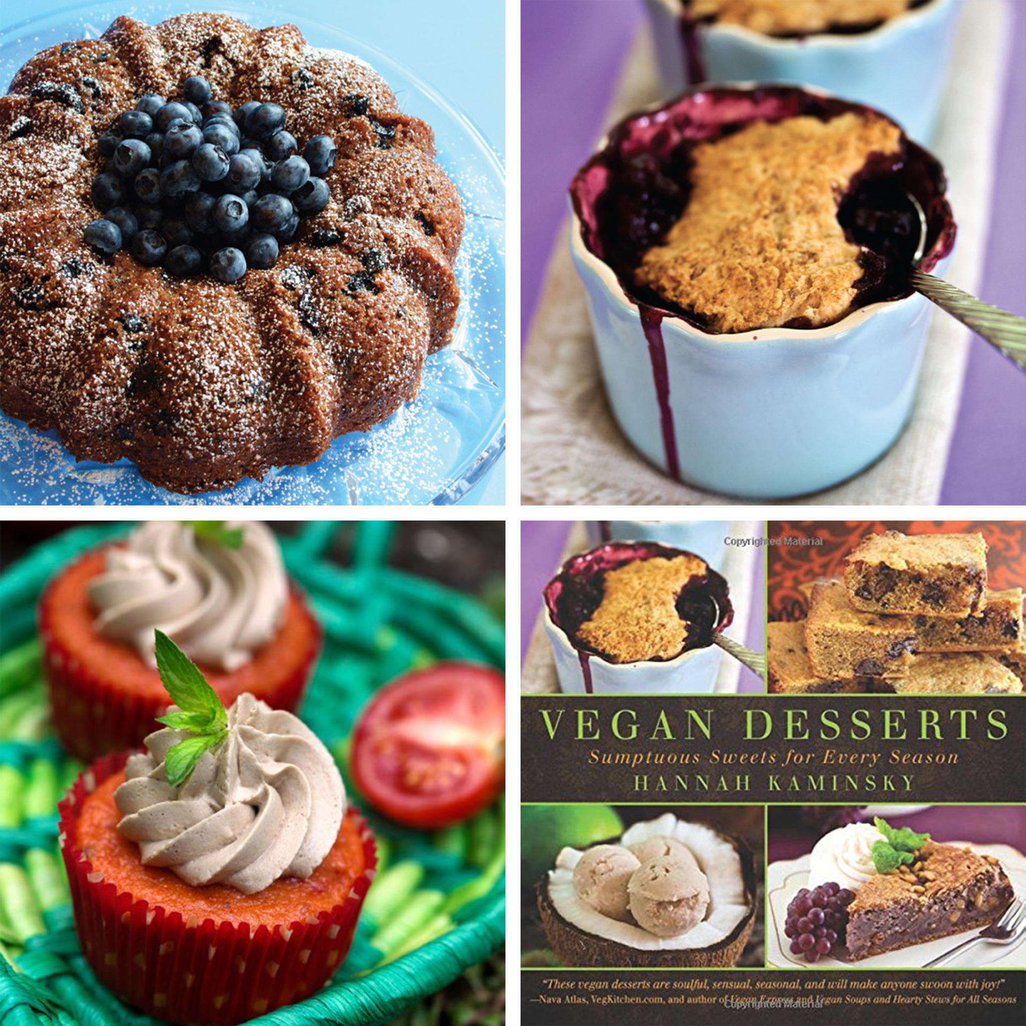 True Blue Bundt Cake, Tomato Cakes with Balsamic Frosting, and Cherry-Berry Peanut Butter Cobbler from Vegan Desserts