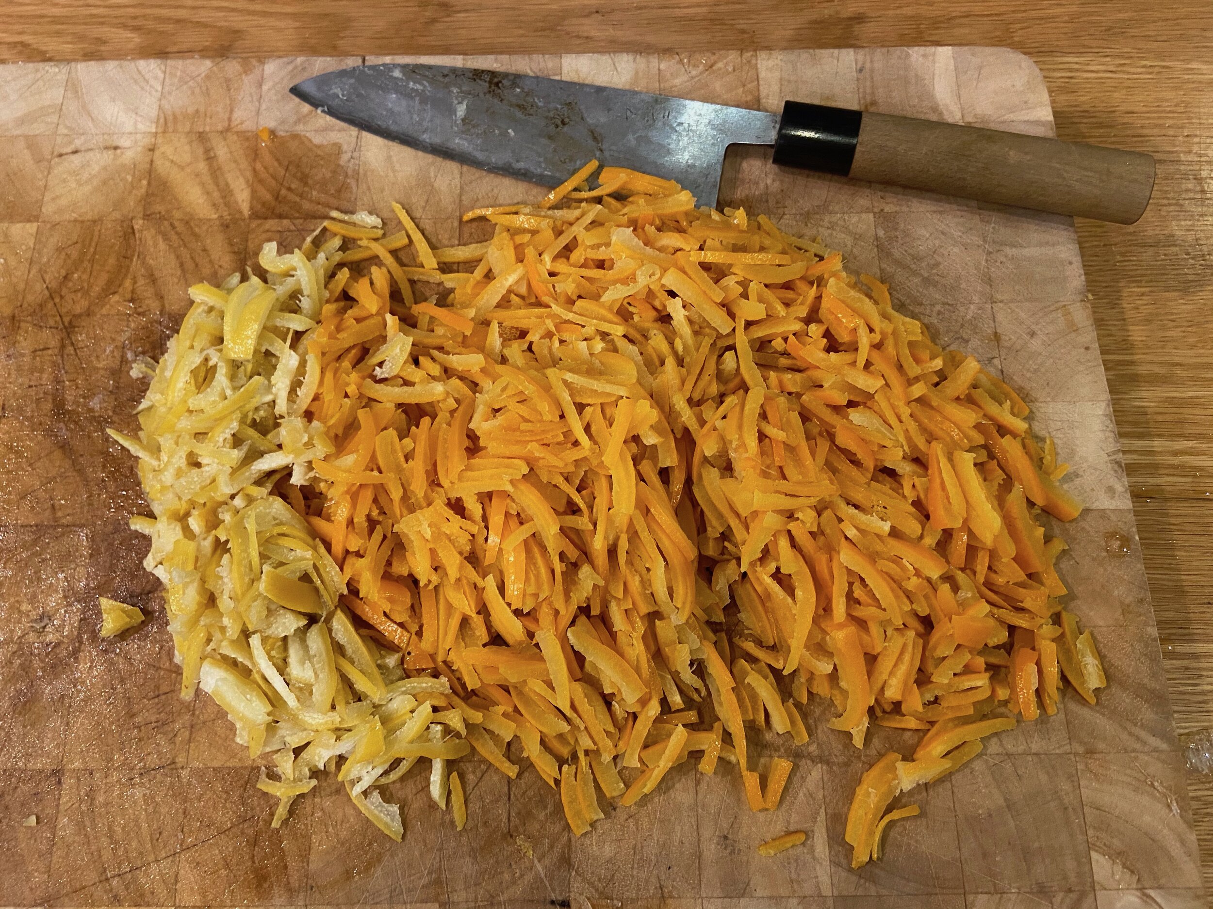 One batch of shredded peel ready for the preserving pan