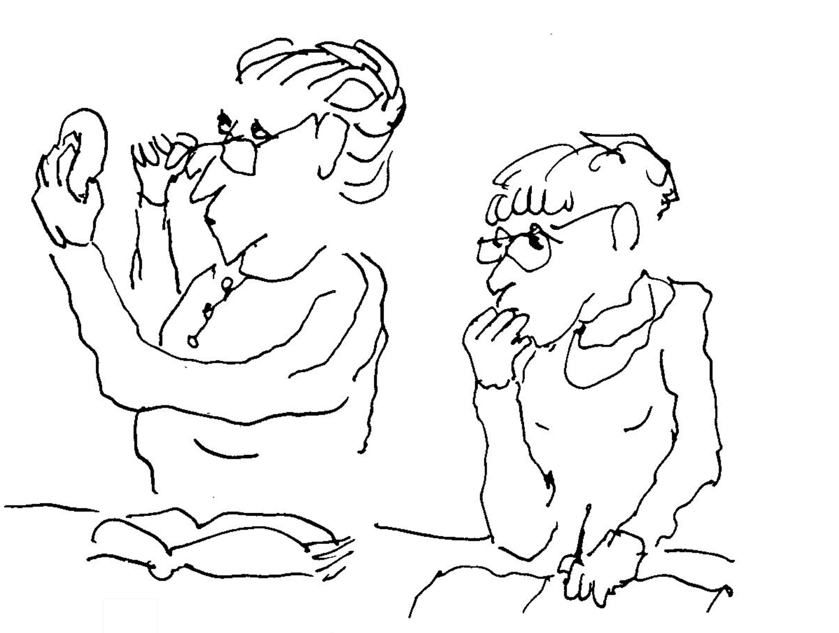 Helen Witty and Elizabeth Schneider Colchie during one of their many recipe conferences. Drawing by Carter Jones.