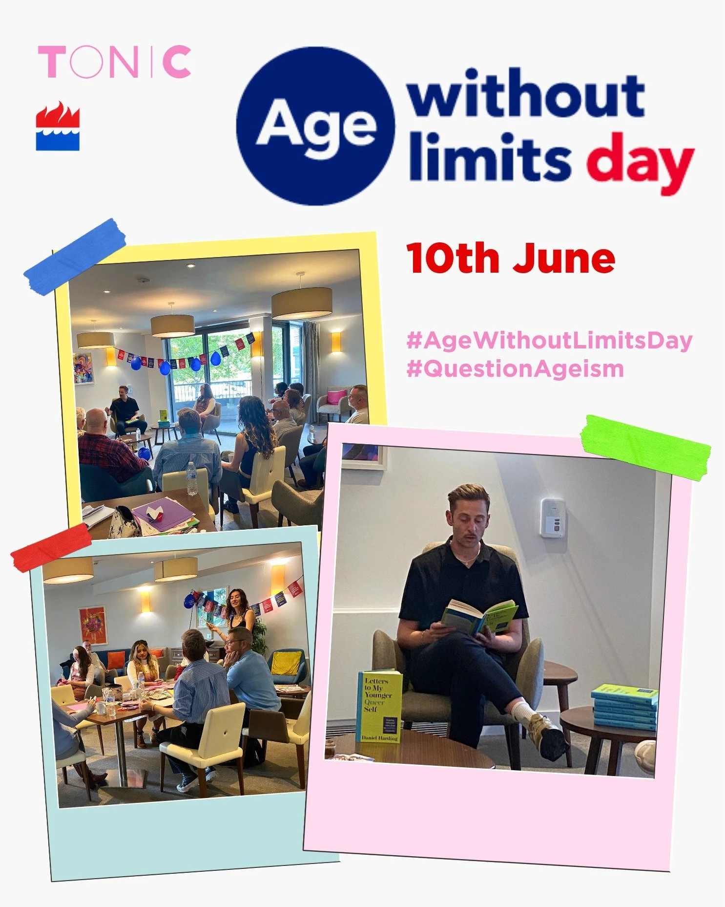Today is #AgeWithoutLimitsDay ‼

We have been celebrating and challenging ageing at Tonic@Bankhouse today with @prideathc @harpercollinsuk and Author of 'Letters to My Younger Queer Self' @danieljharding ❤️ 💙

#QuestionAgeism