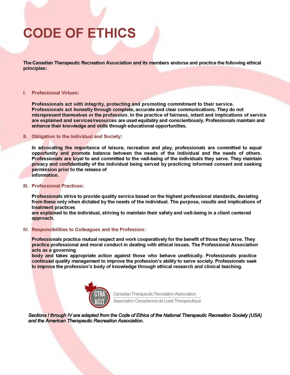 Code Of Ethics And N S T R A By Laws Nova Scotia Therapeutic Recreation Association