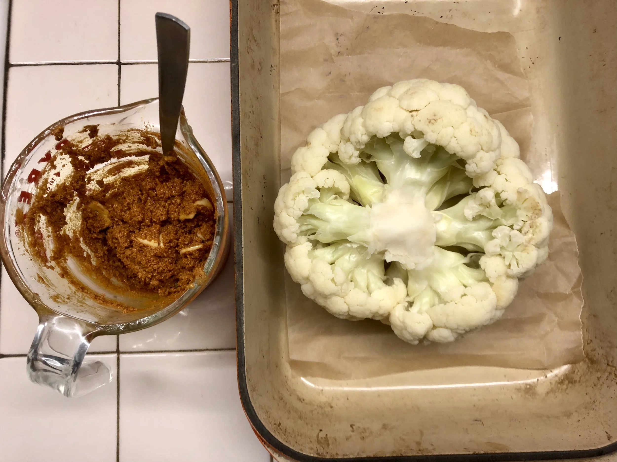 Add mixture to inside cauliflower cracks!
