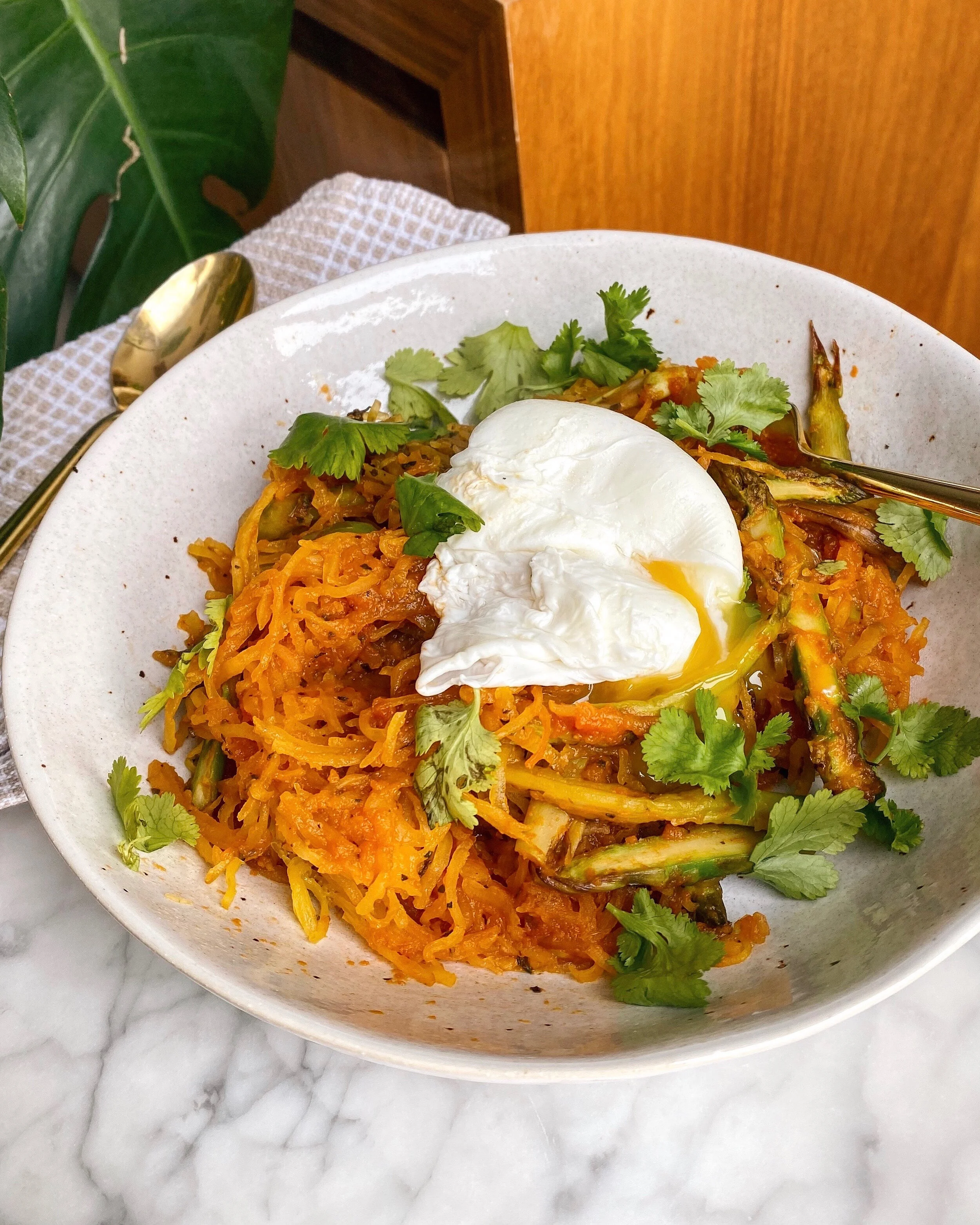 Spaghetti Squash Pasta with a Poached Egg