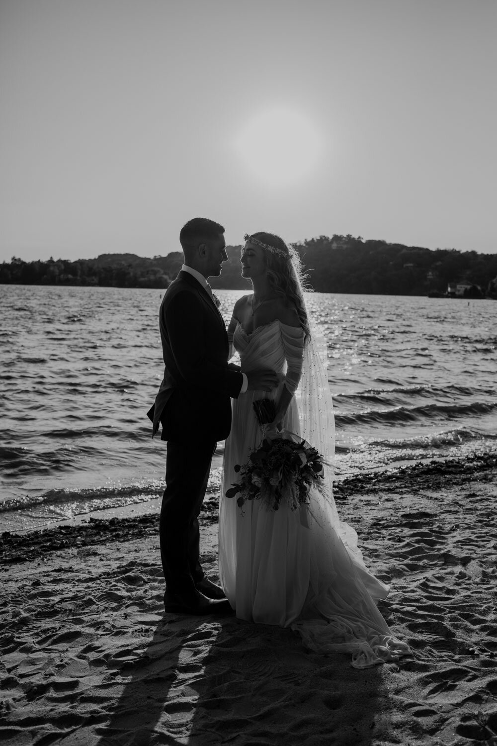 portrait of a bride and groom at sunset