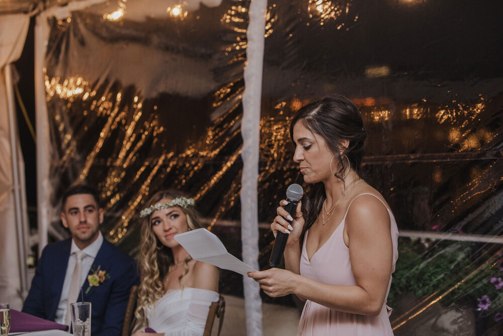 matron of honor giving a toast at the reception