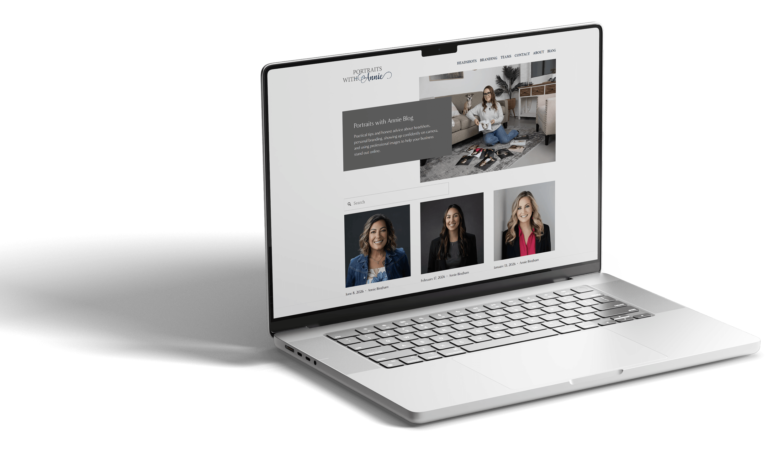 laptop graphic showing portraits with annie blog on the website