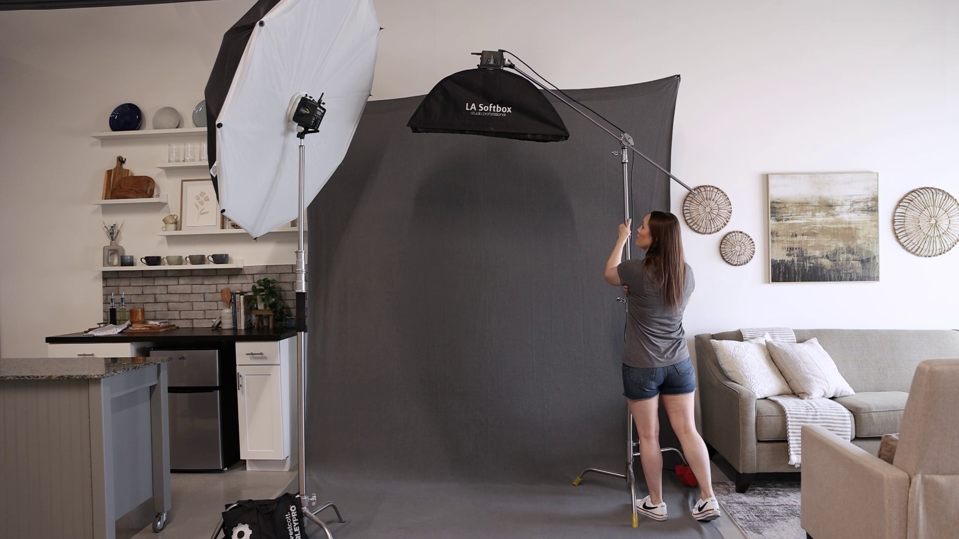 Modern gray headshot backdrop in Boise photography studio