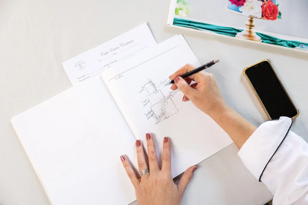 Cake designer sketching a custom cake during a personal branding session