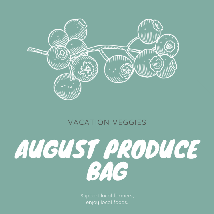 August Produce Bag $49.00 In August, the Vacation Veggies Produce Bag will contain enough fresh produce to feed a family of four at least three servings of fruit and vegetables for the week. Listed below are the types of fruit and vegetables typically included in a June produce bag; however, the actual contents of your bag will vary depending on each week’s harvest. Summer and zucchini squash Tomatoes Blackberries Peaches Herbs Peppers Okra Grapes Apples Each customer vacationing in Wrightsville Beach during the month of August may order one or more bags of produce.