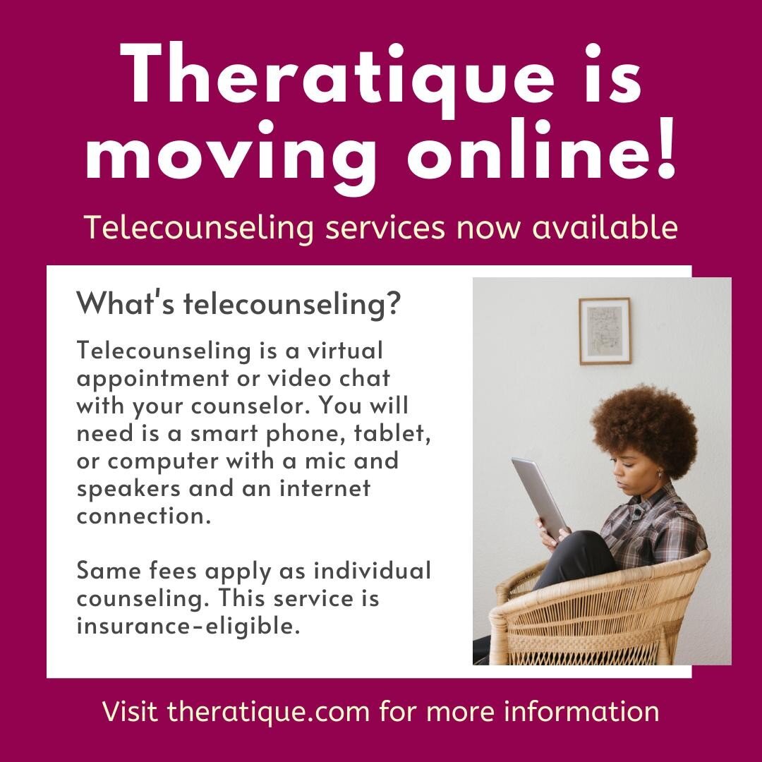 Theratique is offering telecounseling services from the comfort of your home! Connect with your counselor via an online session. Same counseling rates apply. Accepted by insurance. Visit our website for more information at www.theratique.com.⠀
⠀
🌟PL
