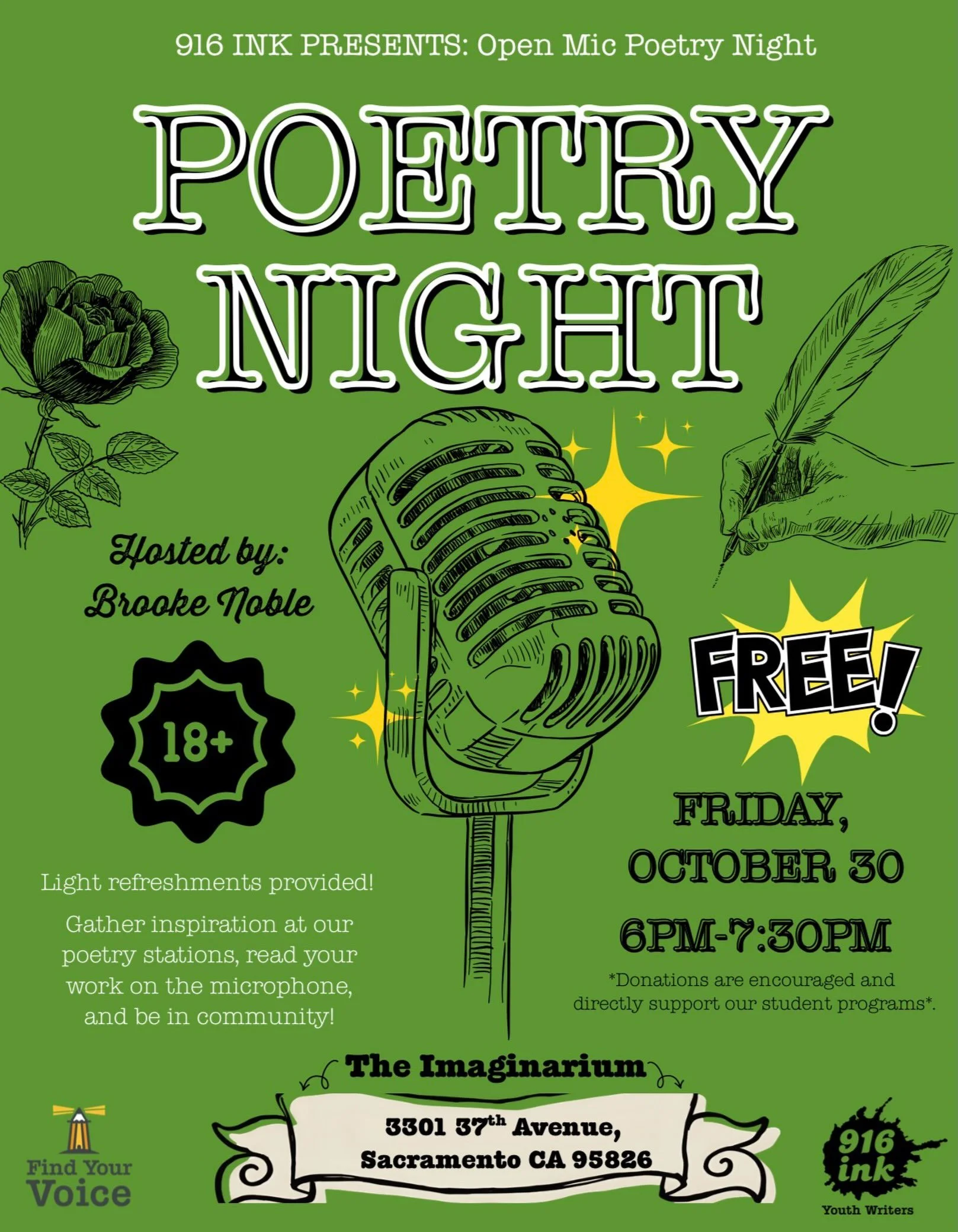 916 INK PRESENTS: Open Mic Poetry Night 🎤✨ 

Join us at the Imaginarium for a FREE 18+ Open Mic Poetry-Themed night hosted by Brooke Noble! 📖 Whether you want to gather some inspiration and write, share your poems on the microphone, or just soak in