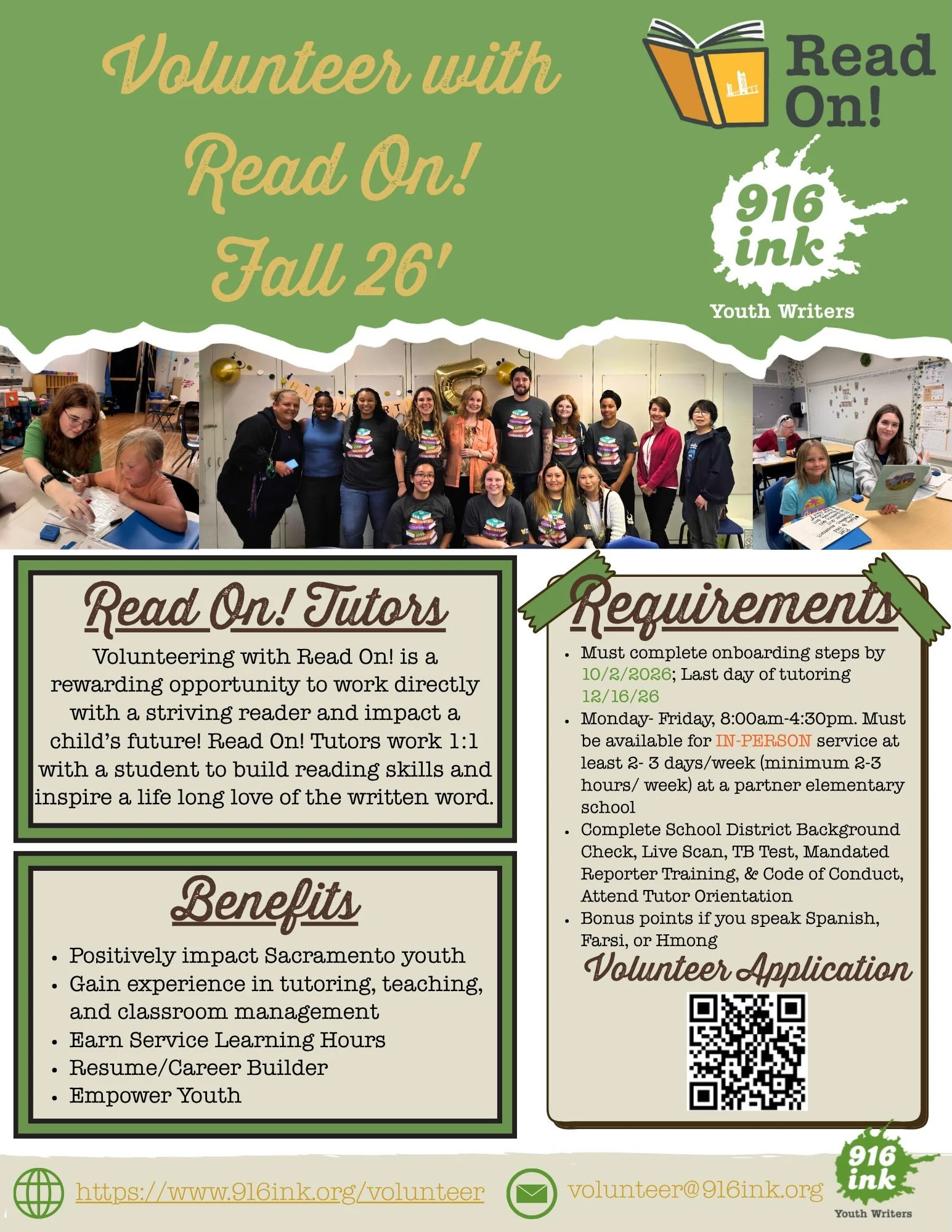 Want to make a difference in a child&rsquo;s life? 📚
916 Ink&rsquo;s volunteer opportunities for this Fall semester are here and we have an amazing opportunity for our community. 

Introducing our Tutor role from our Read On! Program! 

Send in your