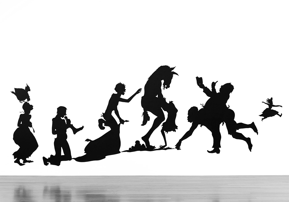 Kara Walker, KKK: ‘the Prescript of the Order of the Invisible Empire — Its Peculiar Objects’ listed under Moonlit skies by the Grand Cyclops amid his hooded henchmen... a Negress, deep in the Woods Beyond, overhears , 2001, Cut paper