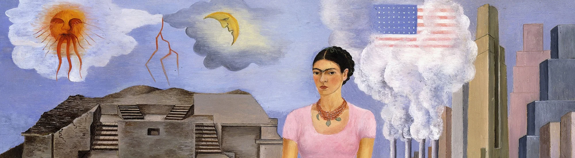 Frida Kahlo, Self Portrait on the Border between Mexico and the United States of America , 1932, oil painting on tin, private collection (detail)