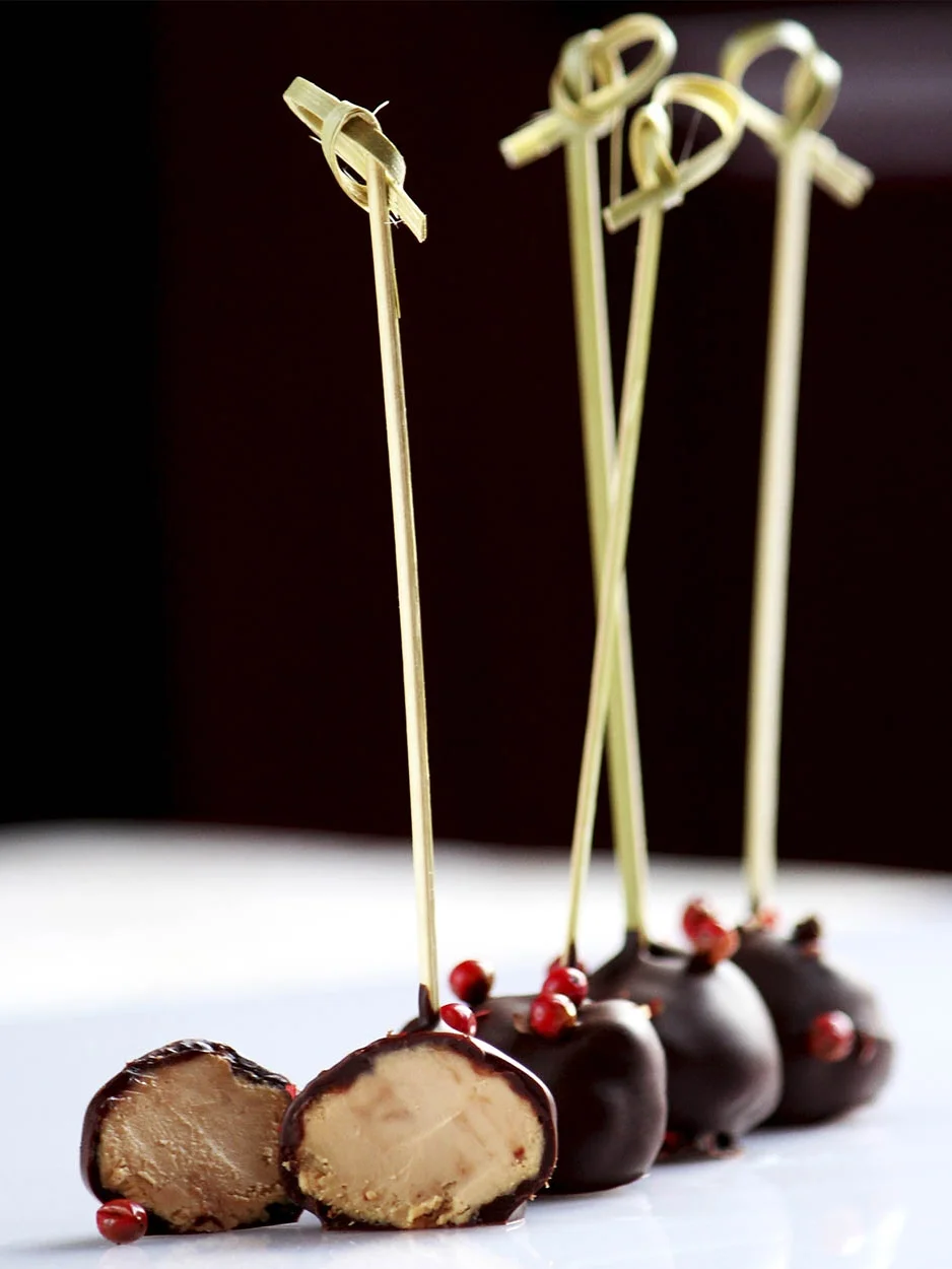 Bombons de foie-gras com chocolate negro e pimenta rosa - Ano 2003