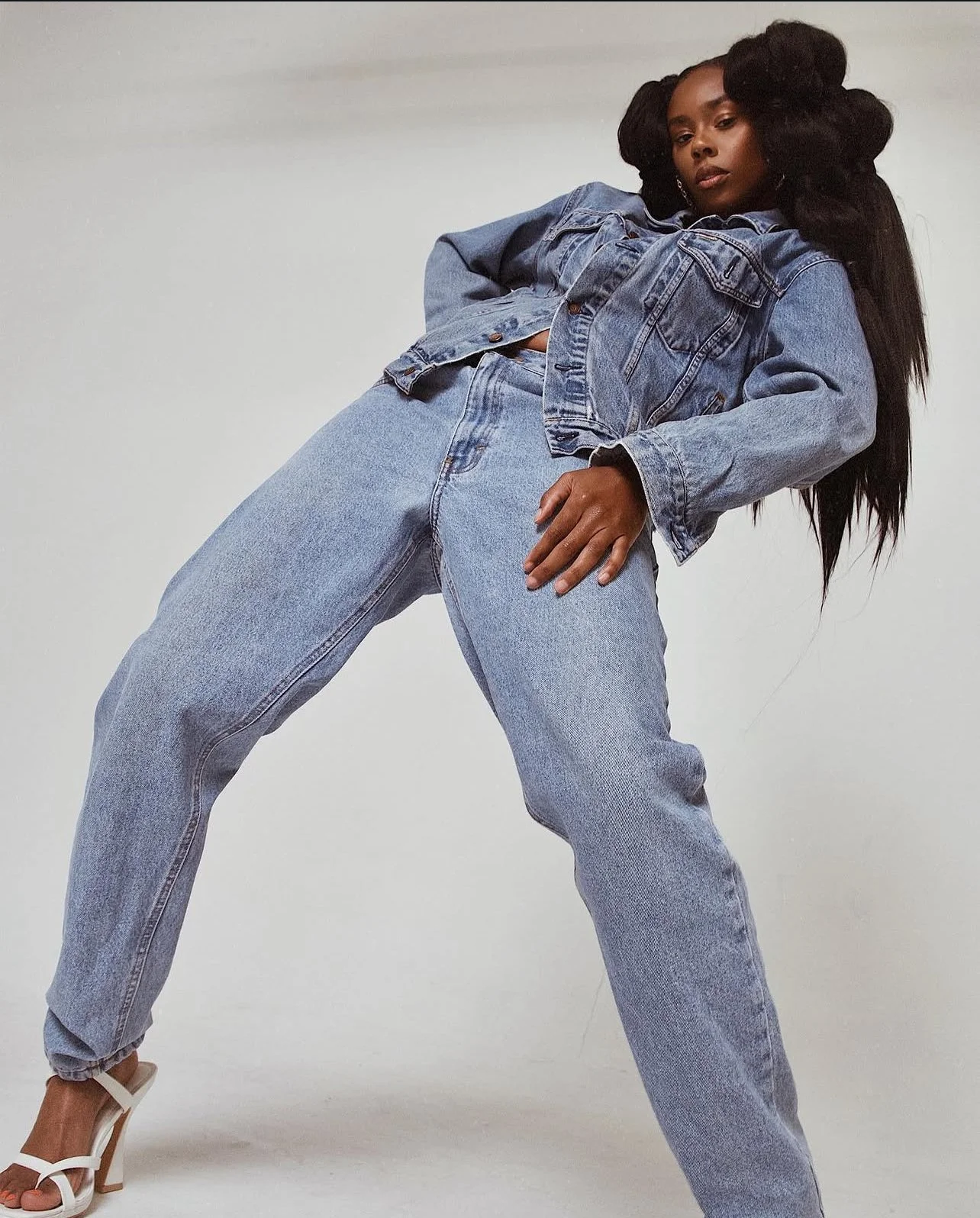 Editorial hair by Kanika Styles, sculptural denim fashion story