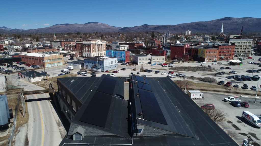 A rooftop view of BROC's new solar array in Downtown Rutland, Vermont.