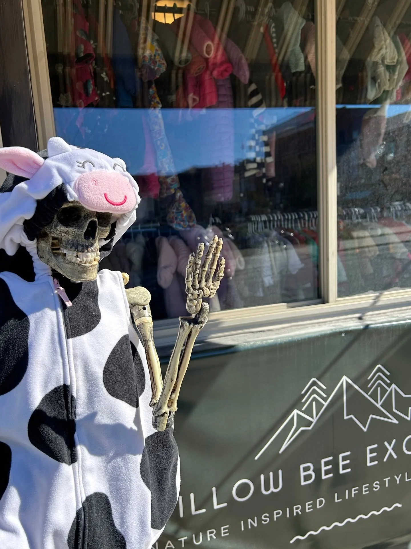 🦴🎃 Exciting day at Willow Bee Exchange! 

Today, Skelly, our friendly downtown skeleton, visited the store and found the cutest cow Halloween costume! While exploring their secondhand treasures, he couldn't resist joining Baby Willow to play with h