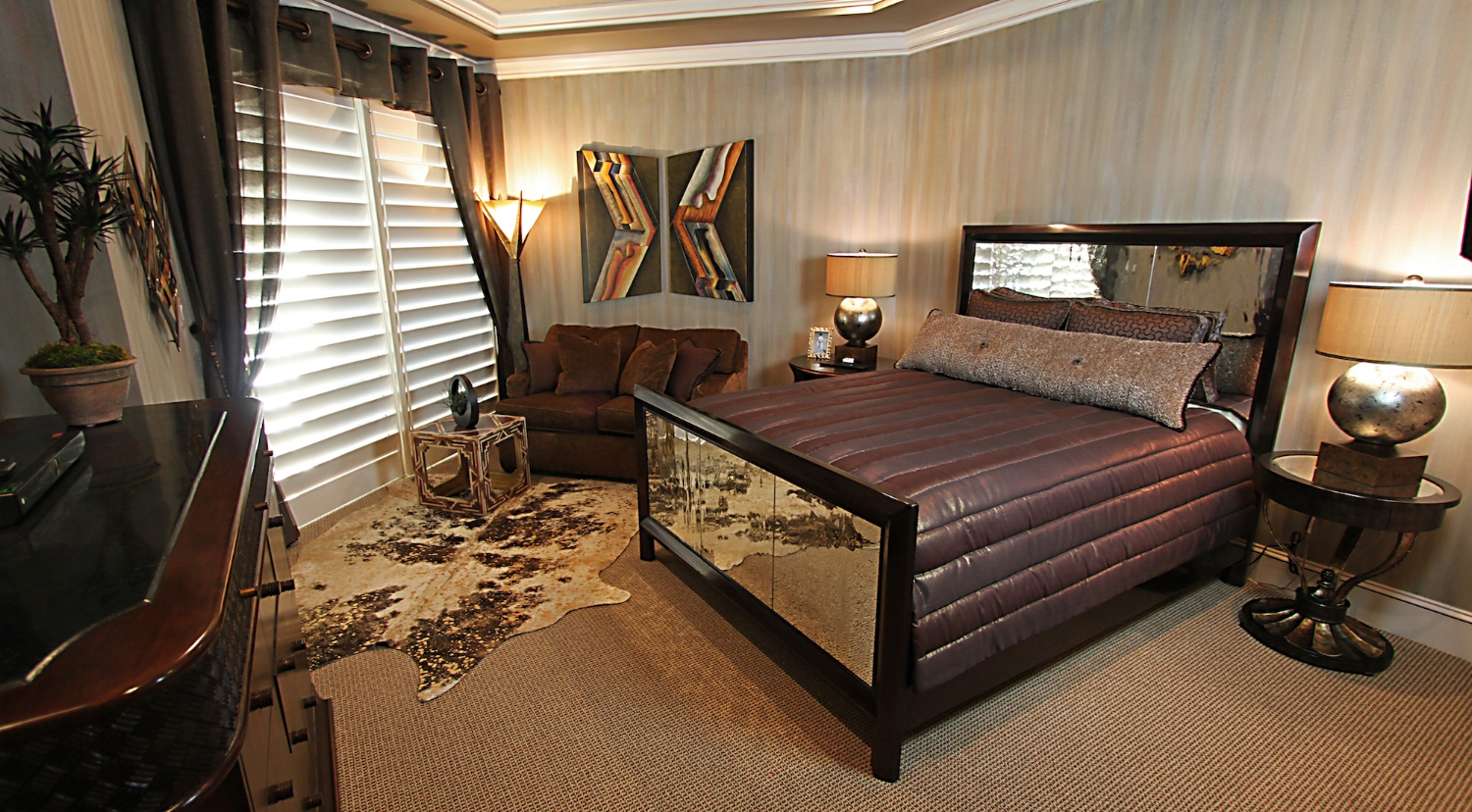  This guest bedroom was completed using metallic paints on the ceiling. The trim &amp; doors were glazed to add depth &amp; accent the mill work. The walls are multiple colors of plasters &amp; glazes. 