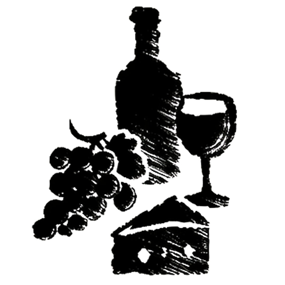 Silhouette of a wine glass, a bunch of grapes, a bottle of wine, and a wedge of cheese.