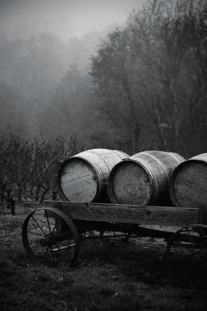 A rustic wooden cart with three large barrels on it, set outdoors on a farm or yard, with leafless trees and foggy sky in the background.