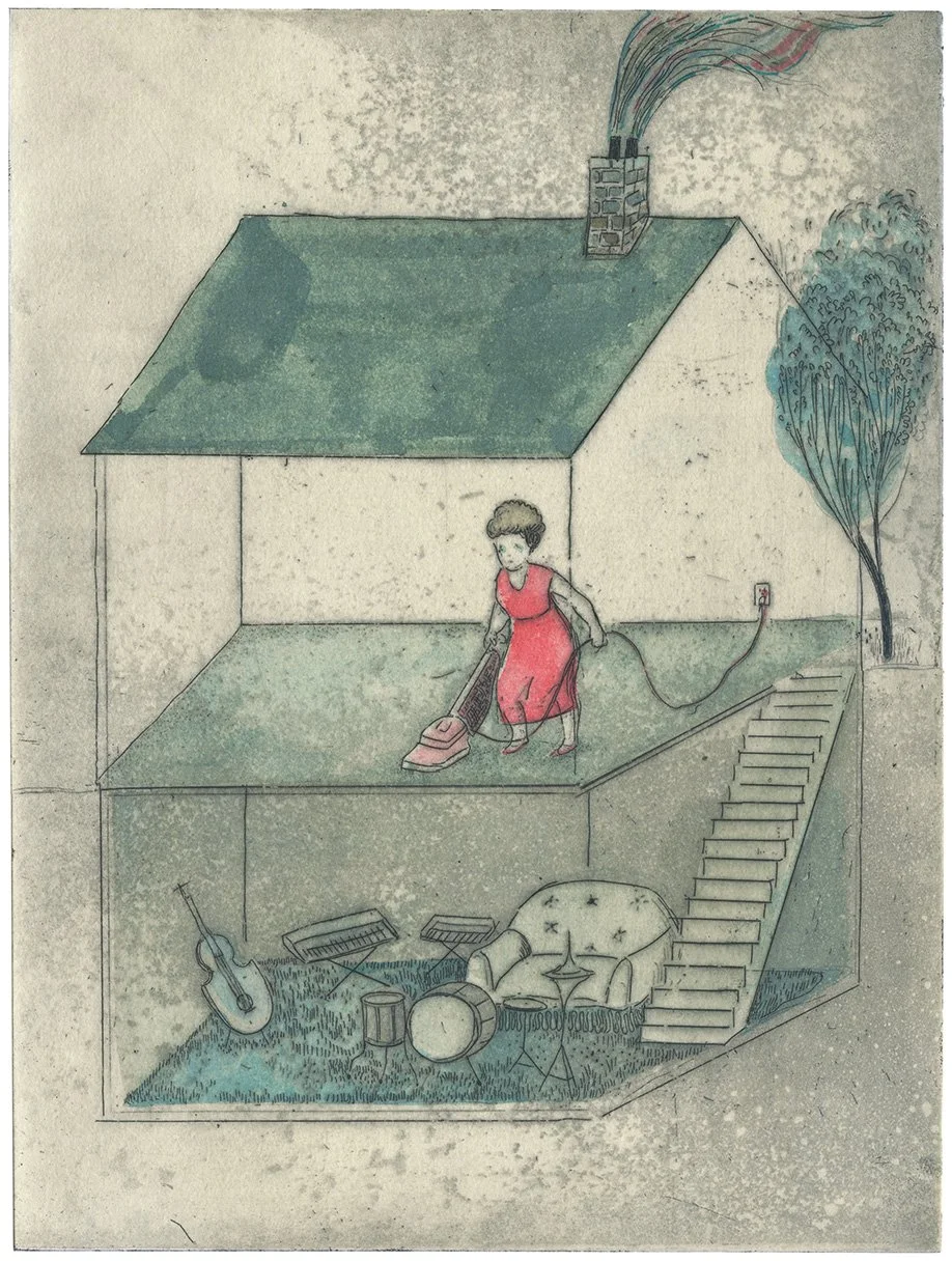   Mémoires de maisons   Gravure en eau-forte, chine collé, acrylique. 28.5 cm X 38 cm. Imprimé à l'Atelier Circulaire. — 2025  Cette estampe fait partie de  Drawing Experience  ,  exposition collective. Commissaires Deborah Harty, Isabel Herrera, Fan