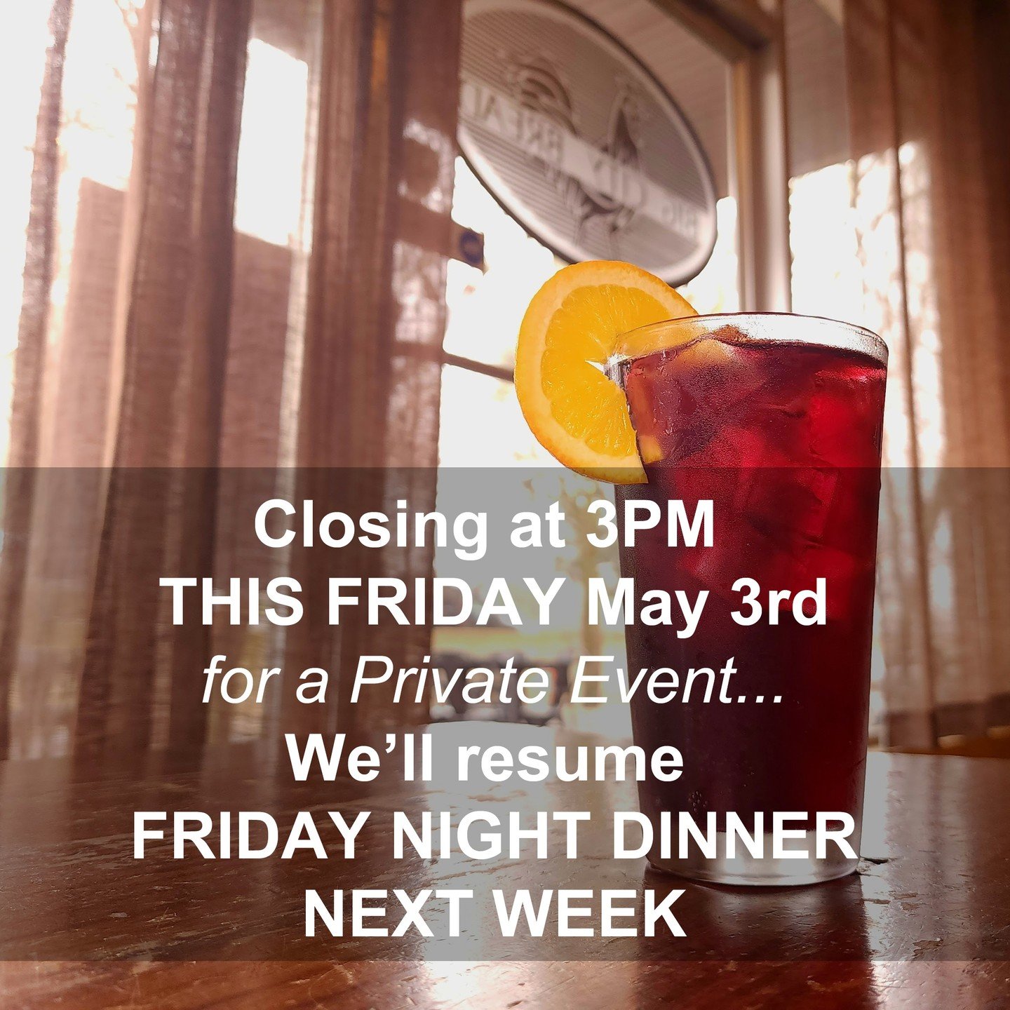 No Friday Night Dinner this week May 3rd at @bigcitybreadcafe as we are closing at 3PM for a private event...

but we'll see you Next Friday 3PM-9PM on May 10th! Can't wait!