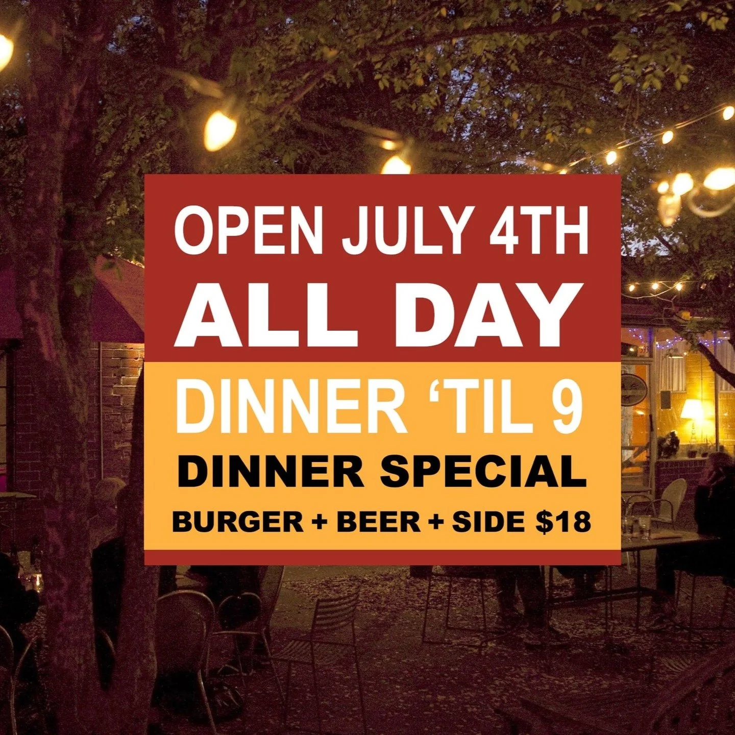 !!!!WE ARE OPEN ON THE 4TH!!!
Friday Night July Fourth Dinner Specials at @bigcitybreadcafe

BURGER + BEER + SIDE: $18 on the 4th FOR DINNER!!

4th of July Chef&rsquo;s Specials include: Tomato Gazpacho Andaluz Soup; Baked Spinach, Gruyere, and Parme