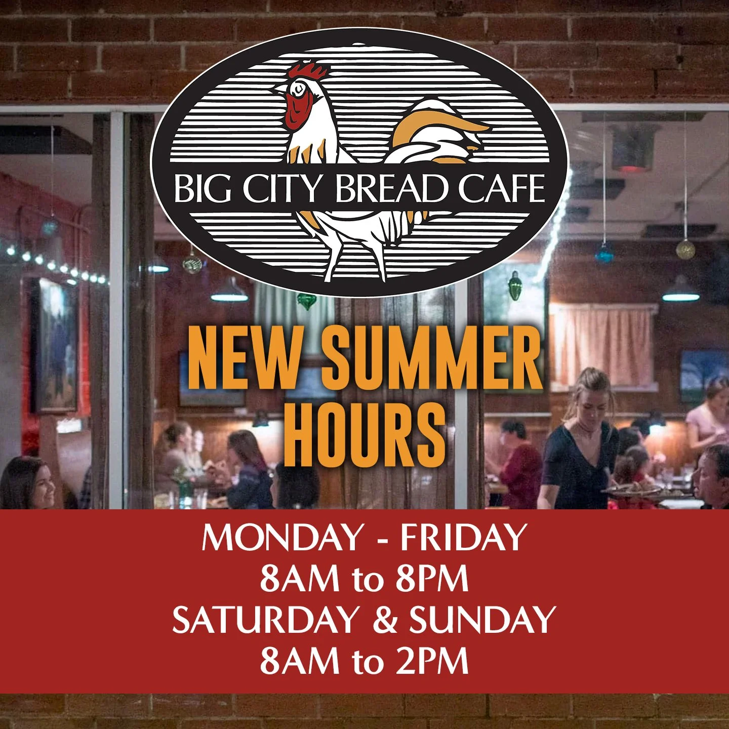 Join Us for Extended Hours This Summer&mdash; 7 Days a Week!

Beginning Friday, June 26th: 
!!ENJOY OUR NEW SUMMER HOURS!!

This summer, join us at @bigcitybreadcafe for casual dining &amp; refreshing beverages&mdash; everything you love from Big Cit