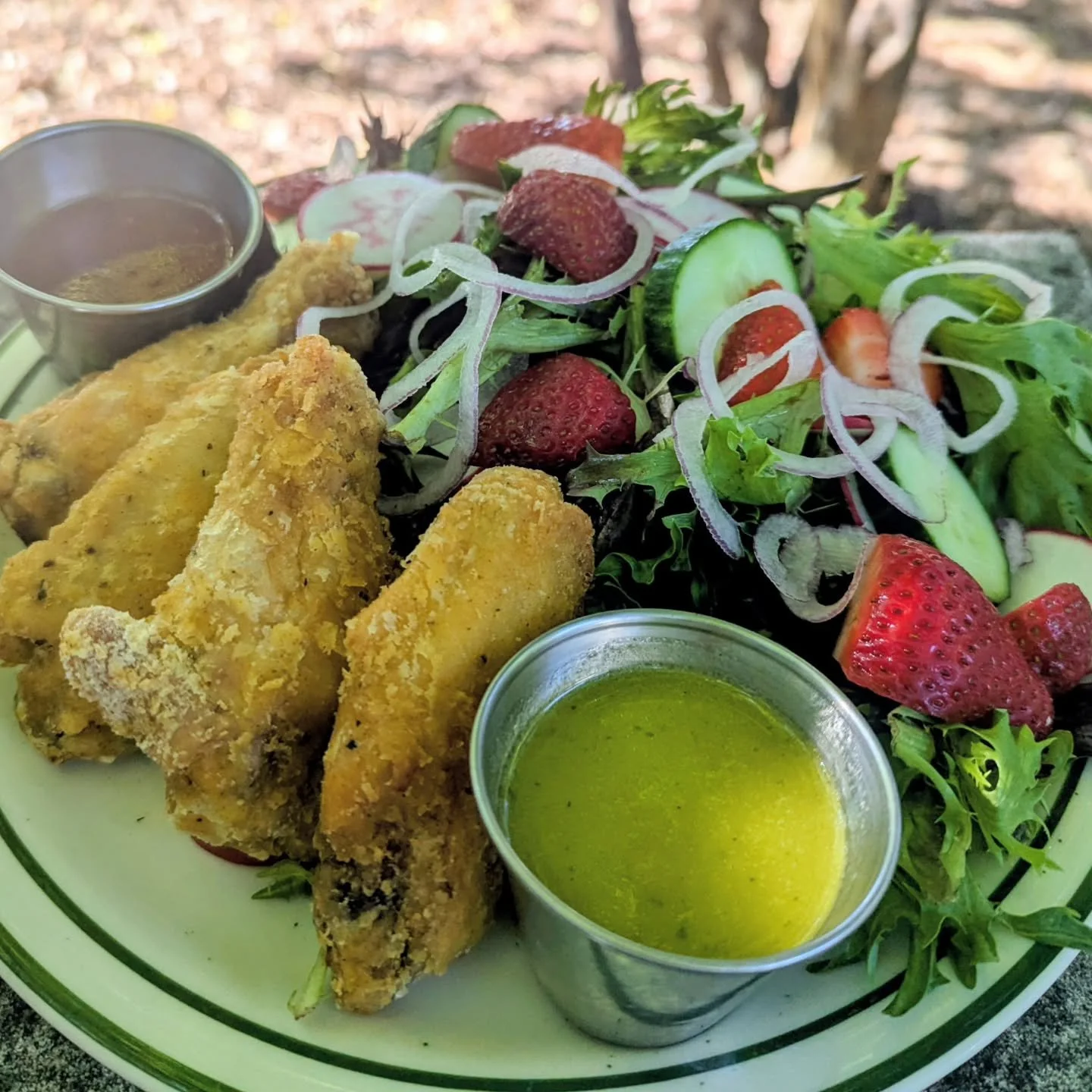 Garlic wings and bright summer salad with citrus basil vinaigrette.