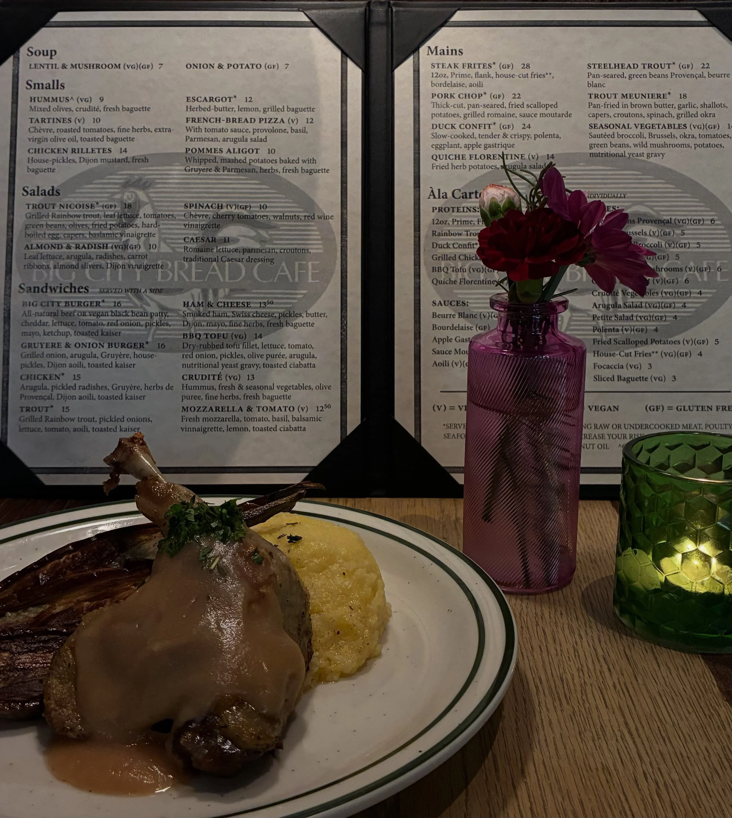 Duck Confit
Slow-cooked, tender &amp; crispy, served over Red Mule polenta, with eggplant &amp; finished with an apple gastrique 

Available for dinner, Monday-Friday, 5PM-9PM