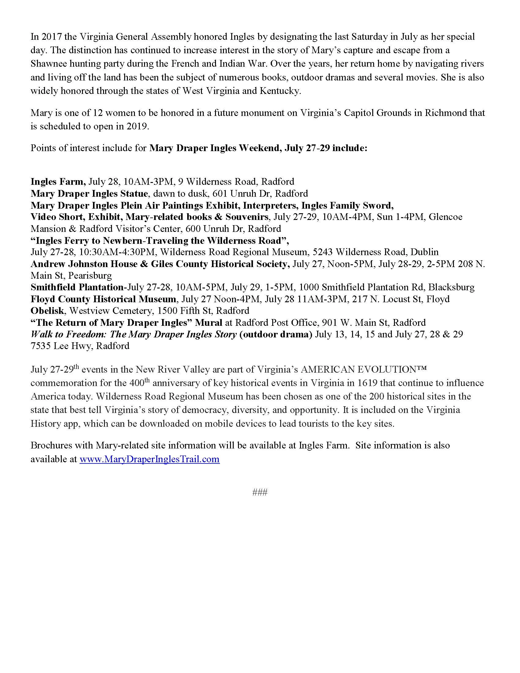 Media Release Page 2, Mary Draper Ingles Weekend