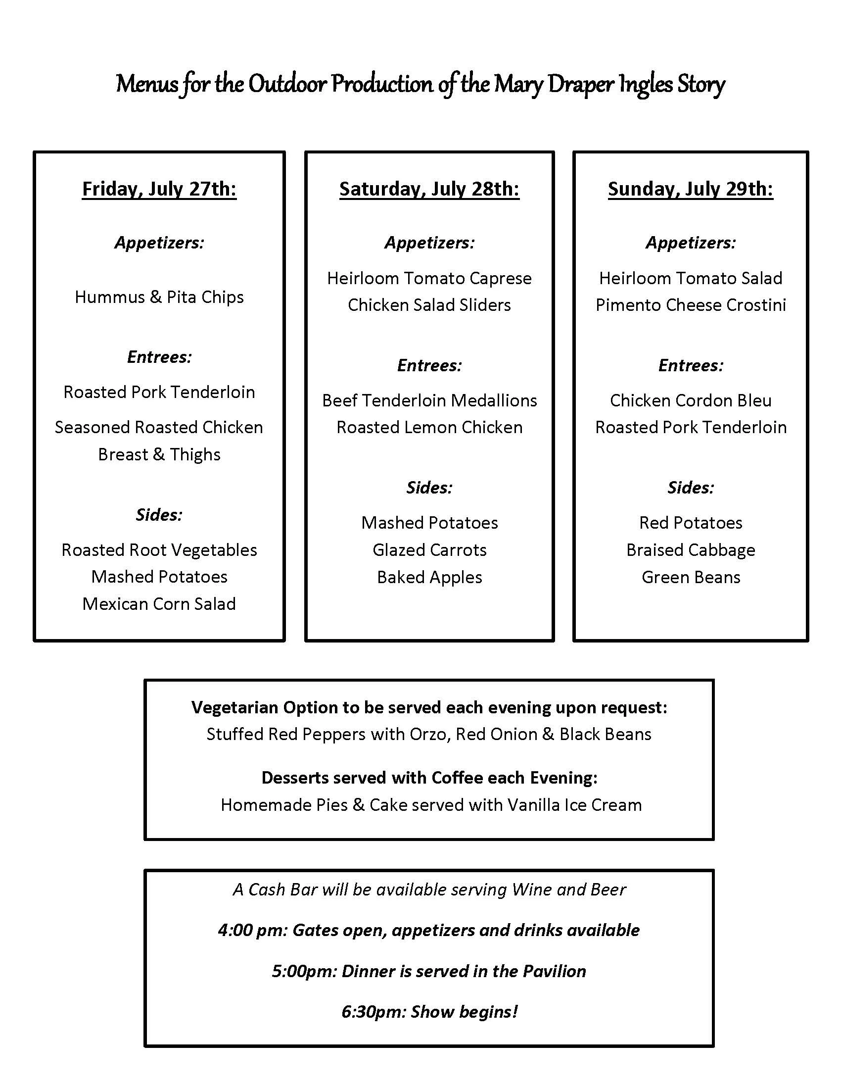 Menu Announced for Drama Dinner, July 27, 28, 29 2018