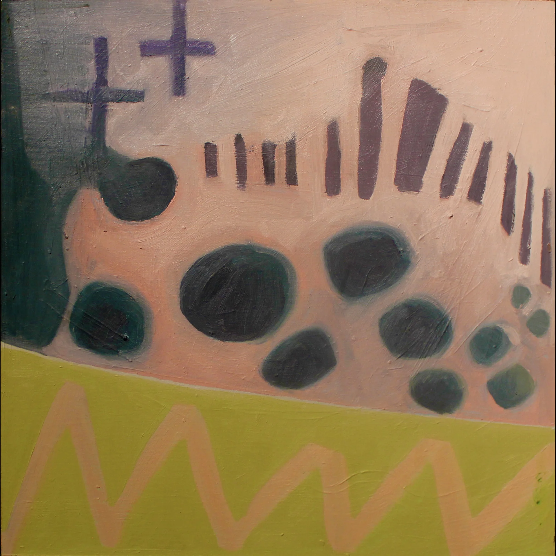   Snow Fence,  2014, oil, paper, and sand on panel, 38 x 38 cm. 