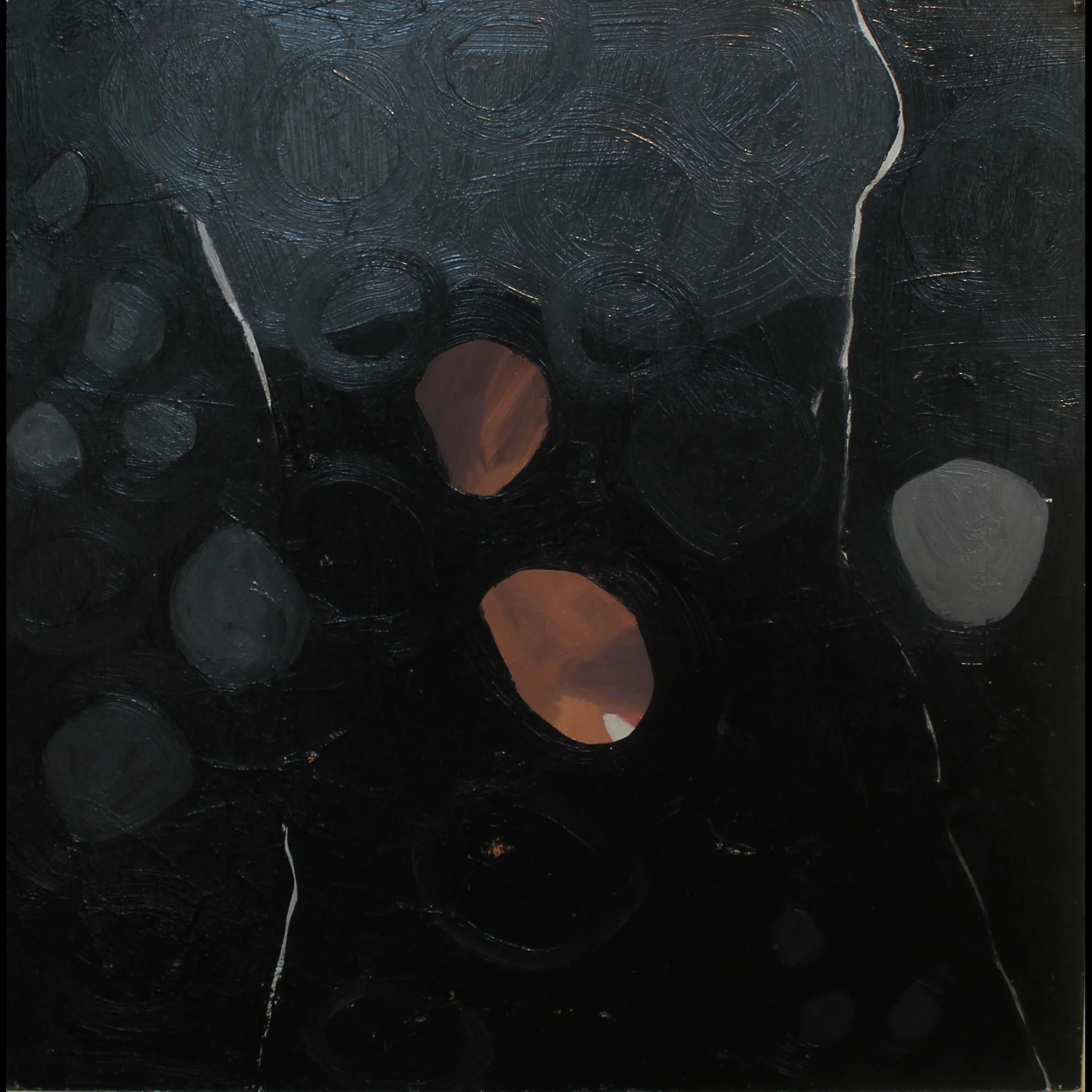    Peek-a-Boo  , 2014, oil, paper, and sand on panel, 38 x 38 cm. 