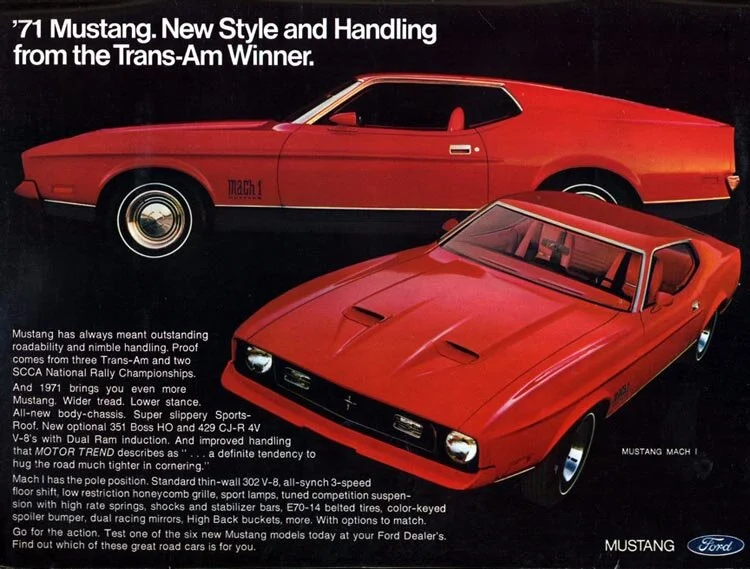 1971 Ford Mustang Mach 1 “Style and Handling” Print Ad