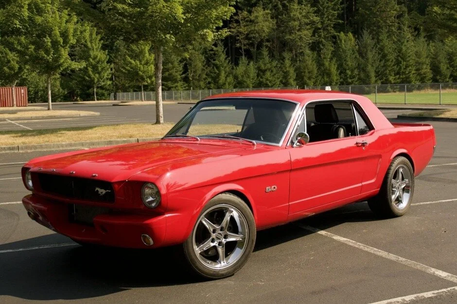 For Sale: 1965 Ford Mustang Coupe (red, modified, 5.0L "Coyote" V8, 5-speed)