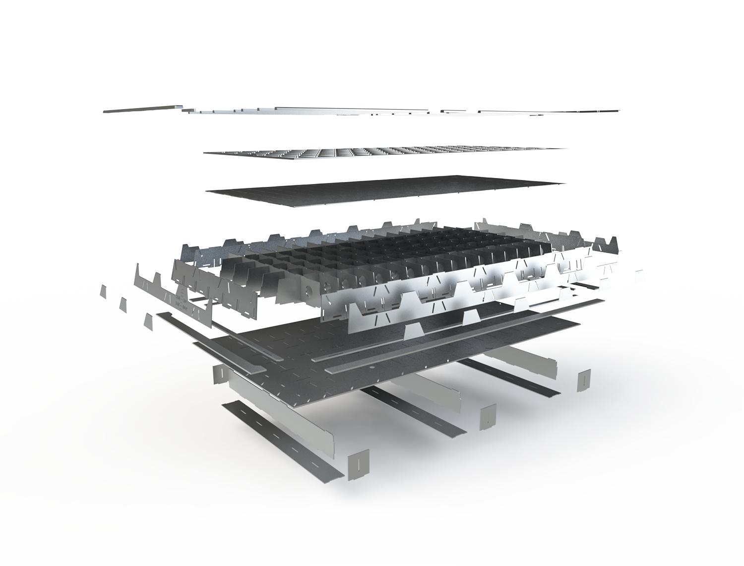  Exploded view of aluminum tooling, all pieces interlocked and were welded together to create a low cost, high performing mold. 
