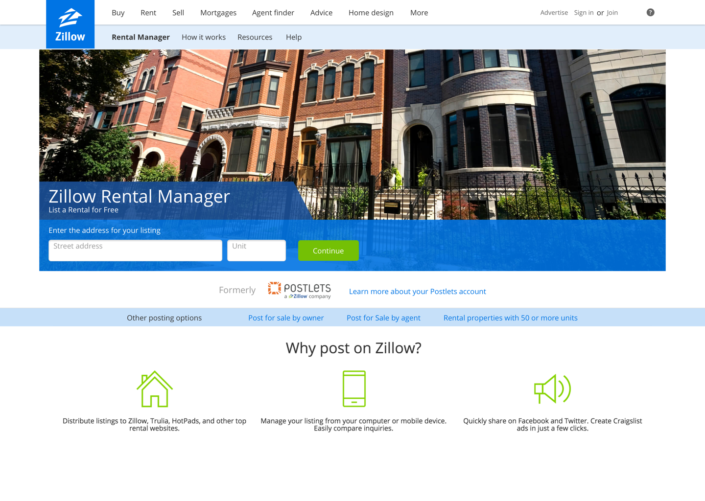 2016 Zillow Rental Manager homepage