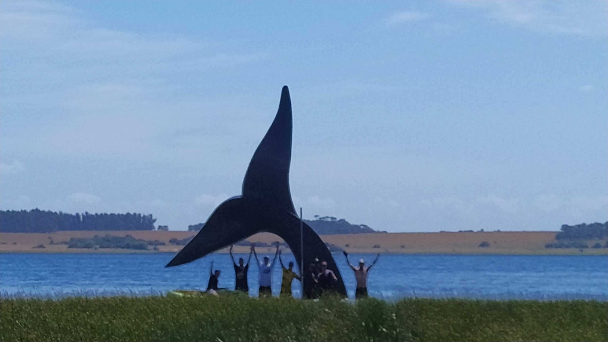 instalando escultura monumental de cola de ballena en el agua, obra de Mauro Arbiza