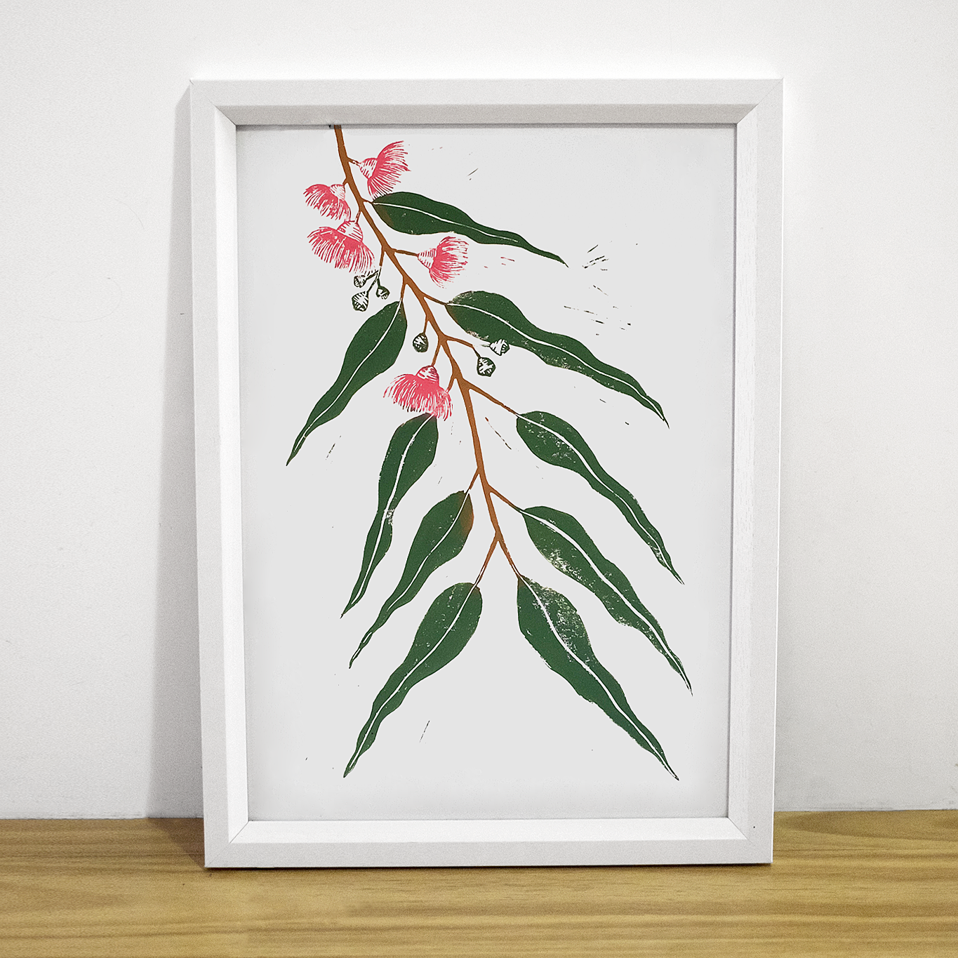 Flowering Gum Leaves Linocut Print - Coloured