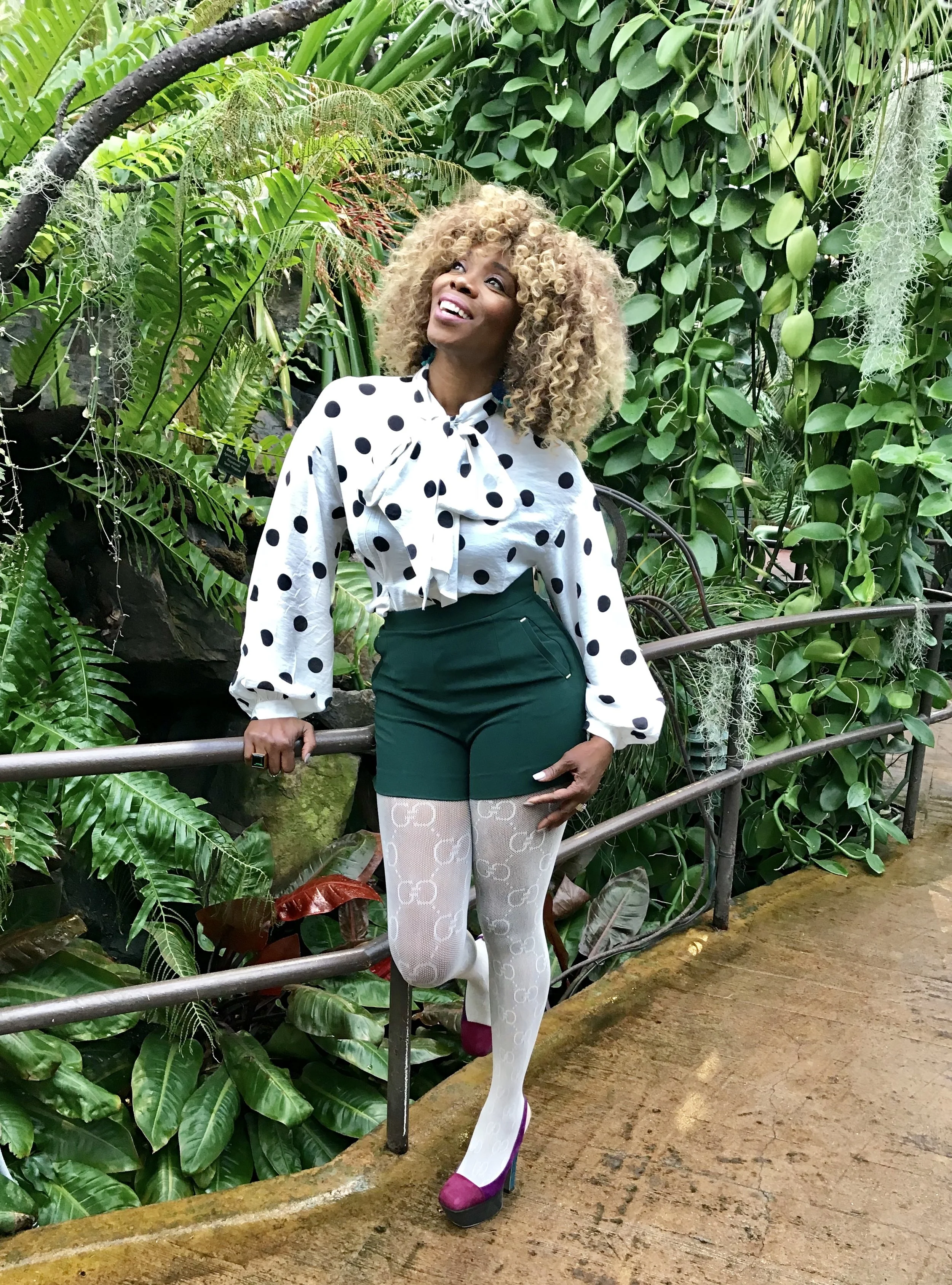 Black and white H&M necktie blouse and green shorts, both for under $35, what a steal.
