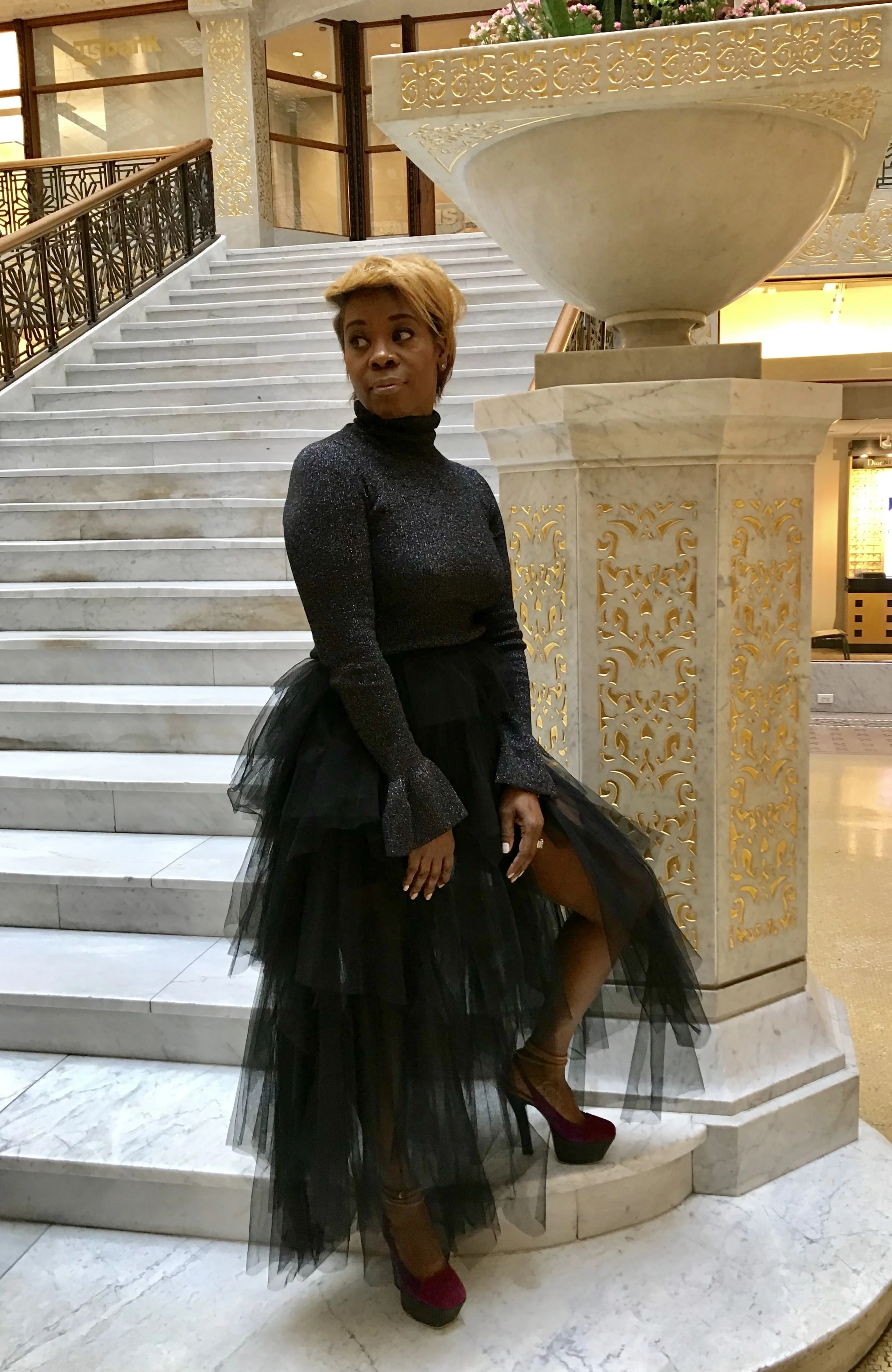 Outfit details: Veronica Beard Turtleneck, BCBG tulle skirt and Suede Saint Laurent platform heels.