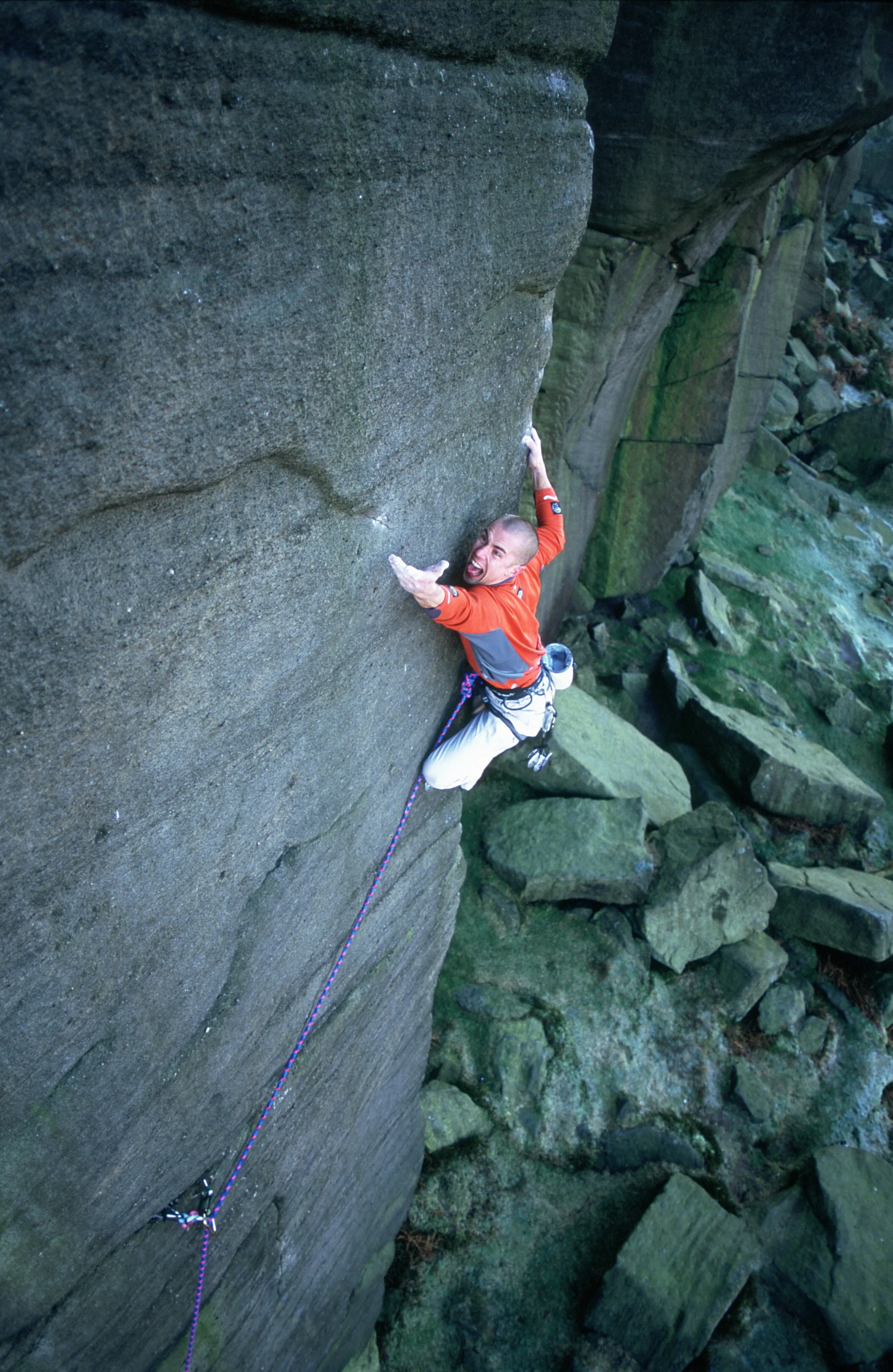 Second ascent of Equilibrium E10 7a in 2001. Britain's hardest trad route at the time. Photo: Mike Robertson