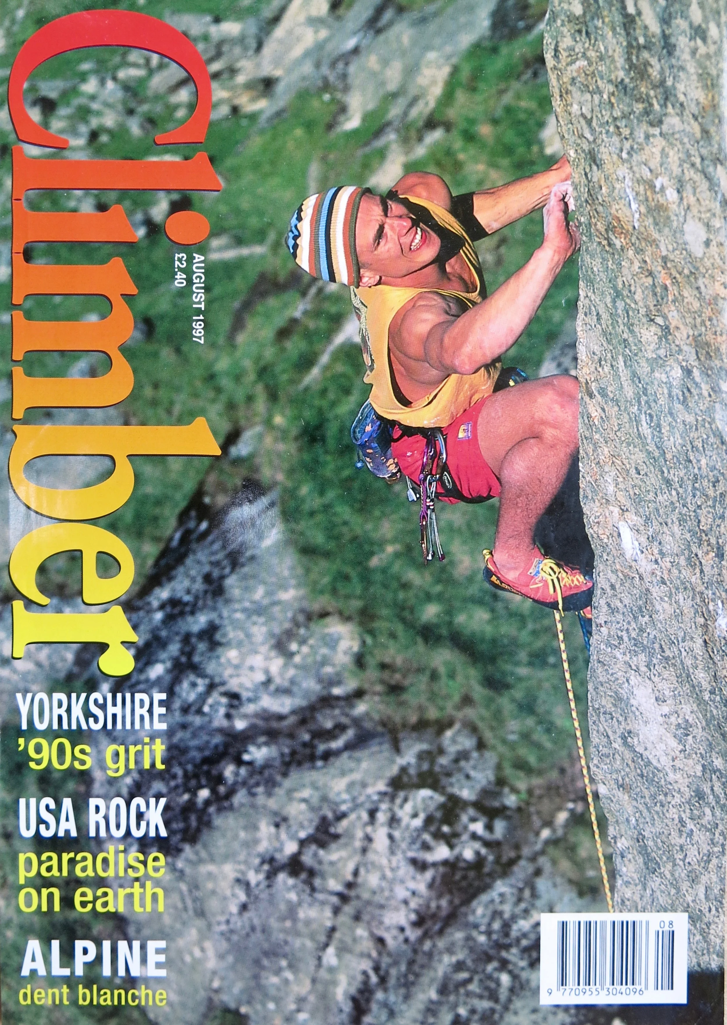 Gravediggers E8 6c on the cover of Climber in 1997. Photo: Ray Wood